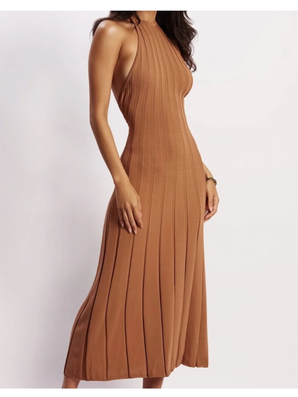 Meshki Adrienne Ribbed Halter Midi Dress in Camel